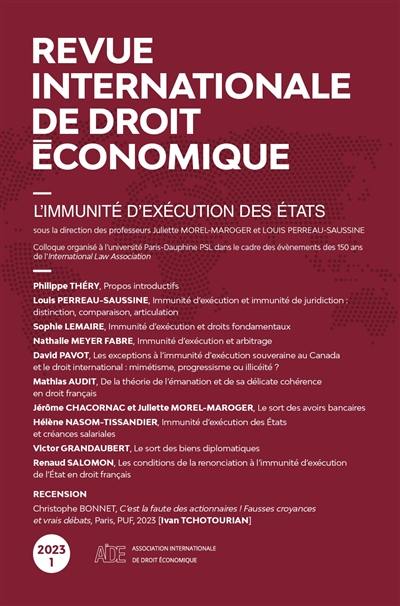 Revue internationale de droit économique, n° 1 (2023). L'immunité d'exécution des Etats