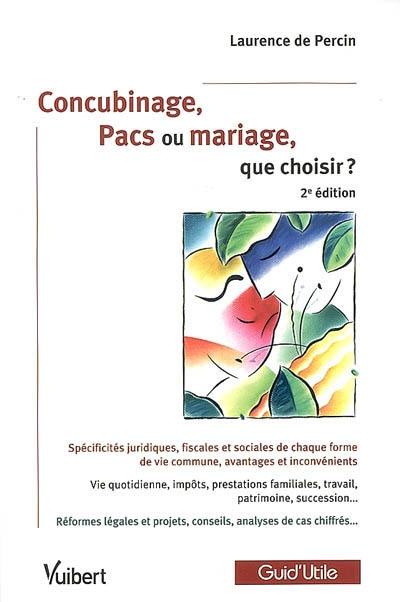 Concubinage, Pacs ou mariage, que choisir ? : spécificités juridiques, fiscales et sociales de chaque forme de vie commune, avantages et inconvénients : vie quotidienne, impôts, prestations familiales, travail, patrimoine, succession...