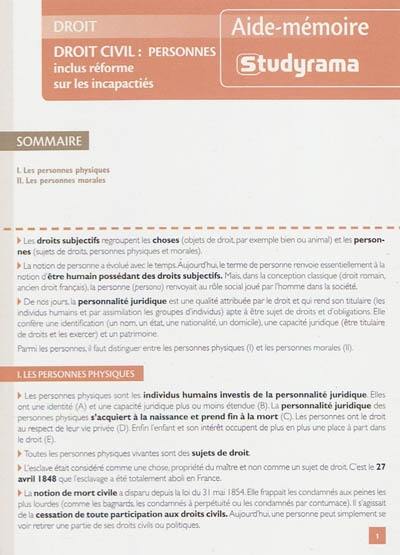 Droit civil, personnes : inclus réforme sur les incapacités