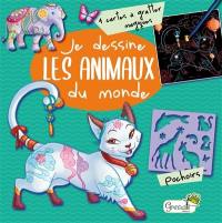 Je dessine les animaux du monde : 4 cartes à gratter magiques, pochoirs