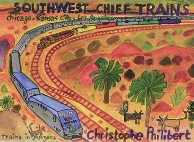 Southwest chief trains : Chicago, Kansas City, Los Angeles : by train from Lake Michigan to the Grand Canyon and to the Pacific Ocean in 48 watercolours. Southwest chief trains : Chicago, Kansas City, Los Angeles : en chemin de fer du lac Michigan au Grand Canyon et à l'océan Pacifique en 48 aquarelles