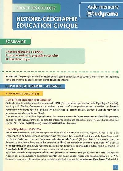 Histoire-géographie, éducation civique : brevet des collèges