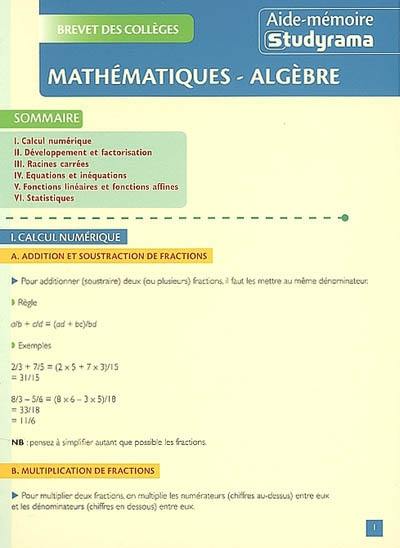 Mathématiques-algèbre : brevet des collèges