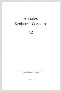 Annales Benjamin Constant, n° 42. L'actualité de Benjamin Constant : actes du colloque international tenu à Lausane le 6 mai 2017