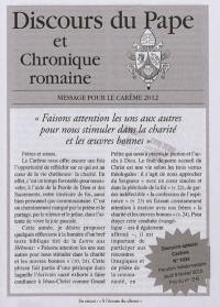 Message pour le carême 2012 : faisons attention les uns aux autres pour nous stimuler dans la charité et les oeuvres bonnes