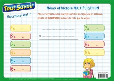 Multiplication : mémo effaçable : CE1, CE2, CM1, CM2