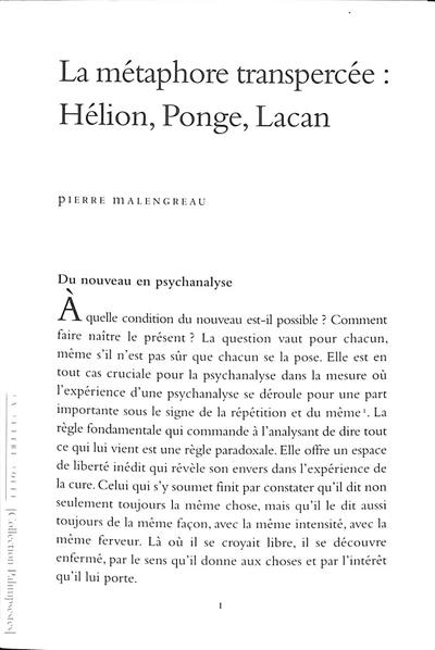 La métaphore transpercée : Hélion, Ponge, Lacan