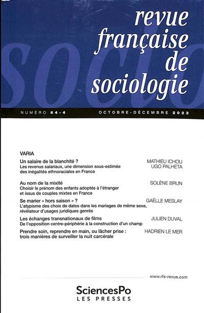 Revue française de sociologie, n° 64-4. Varia