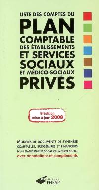 Liste des comptes du plan comptable des établissements et services sociaux et médico-sociaux privés : modèles de documents de synthèse comptables, budgétaires et financiers d'un établissement social ou médico-social, avec annotations et compléments