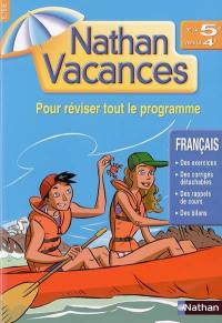 Nathan vacances français, de la 5e vers la 4e : pour réviser tout le programme