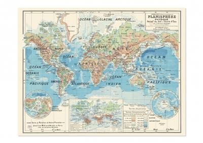 Planisphère physique : relief du sol, cours d'eau. Physical planisphere : land relief, watercourses