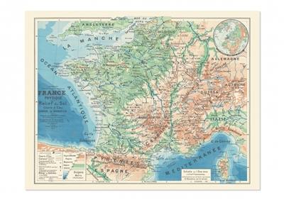 France physique : relief du sol, cours d'eau, canaux de navigation. Physical France : land relief, watercourses, navigation channels