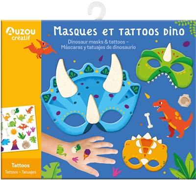 Masques et tattoos dino. Dinosaur masks & tattoos. Mascaras y tatuajes de dinosaurio