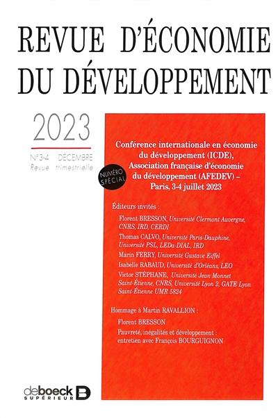 Revue d'économie du développement, n° 3-4 (2023). Conférence internationale en économie du développement (ICDE), Association française d'économie du développement (Afedev), Paris, 3-4 juillet 2023